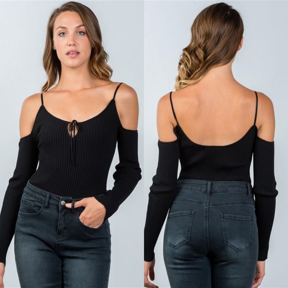 Audra Ribbed Cold Shoulder Bodysuit (Black) - Picture 4 of 8